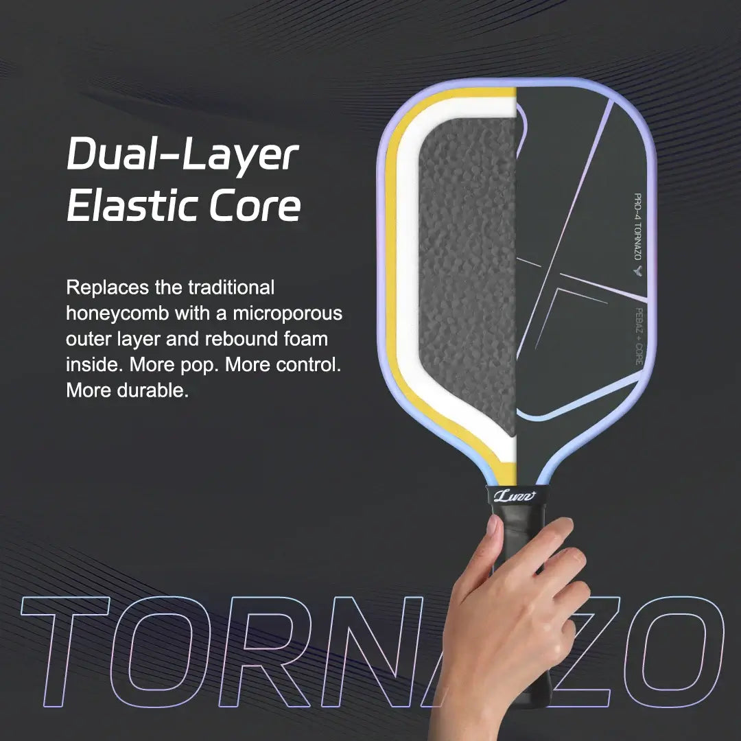 Luzz Pro 4 Tornazo showing dual-layer elastic core design for enhanced durability and control in pickleball.