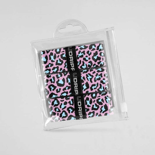 Udrippin Pink Leopard Print - Custom Grips pack showcasing bold pink leopard design for pickleball and tennis.