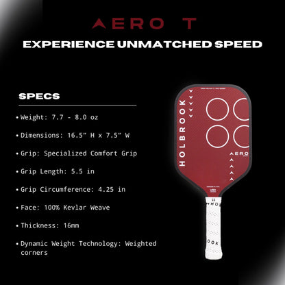 Holbrook Pro Aero Kevlar T pickleball paddle specs: weight, dimensions, grip, thickness, and dynamic weight technology.