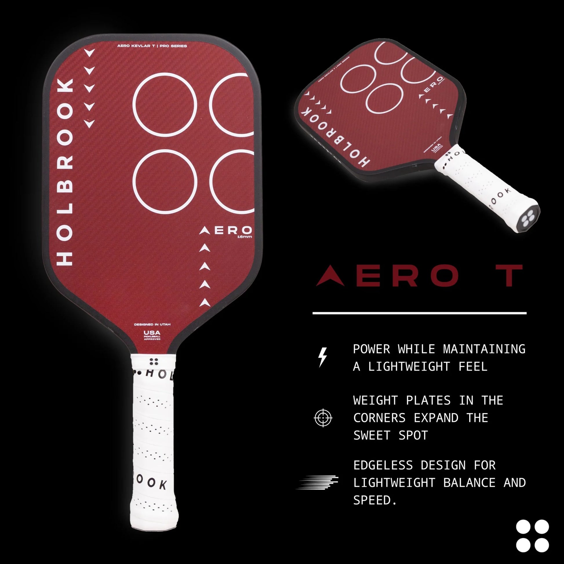 Holbrook Aero Kevlar T pickleball paddle showcasing its lightweight design and expanded sweet spot features.