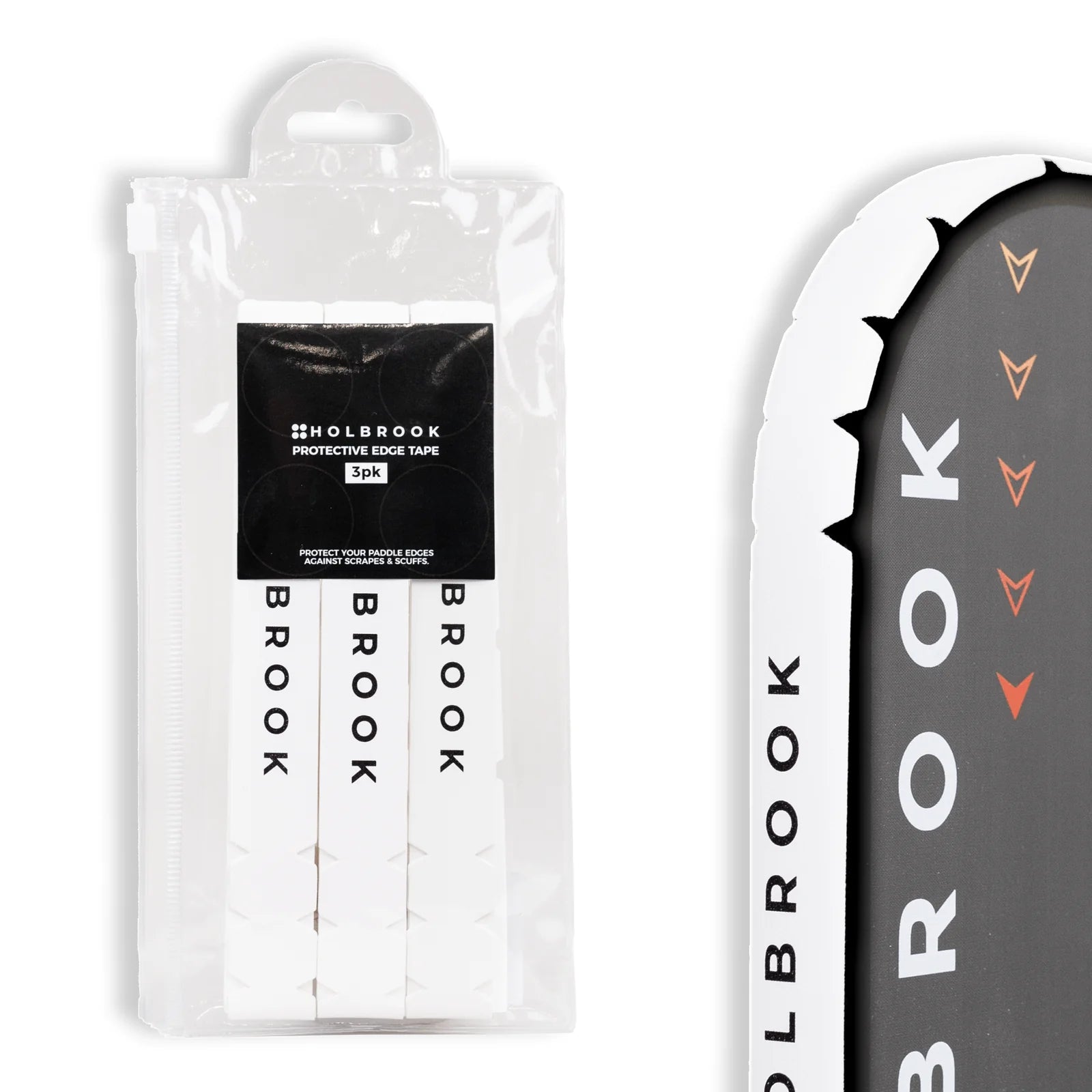 Holbrook Protective Edge Tape pack displaying three strips in a zip pouch for pickleball paddle protection.