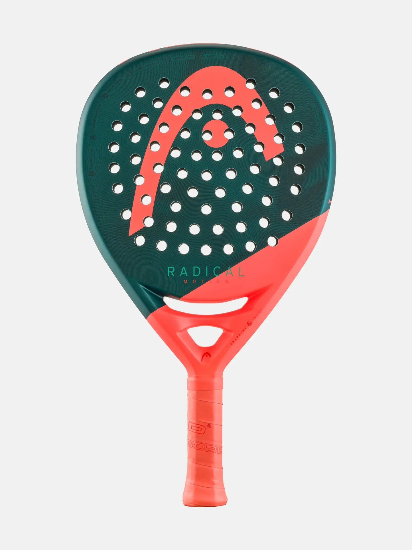HEAD Radical Motion Padel Racquet showing a green and orange design and perforated surface for advanced players.