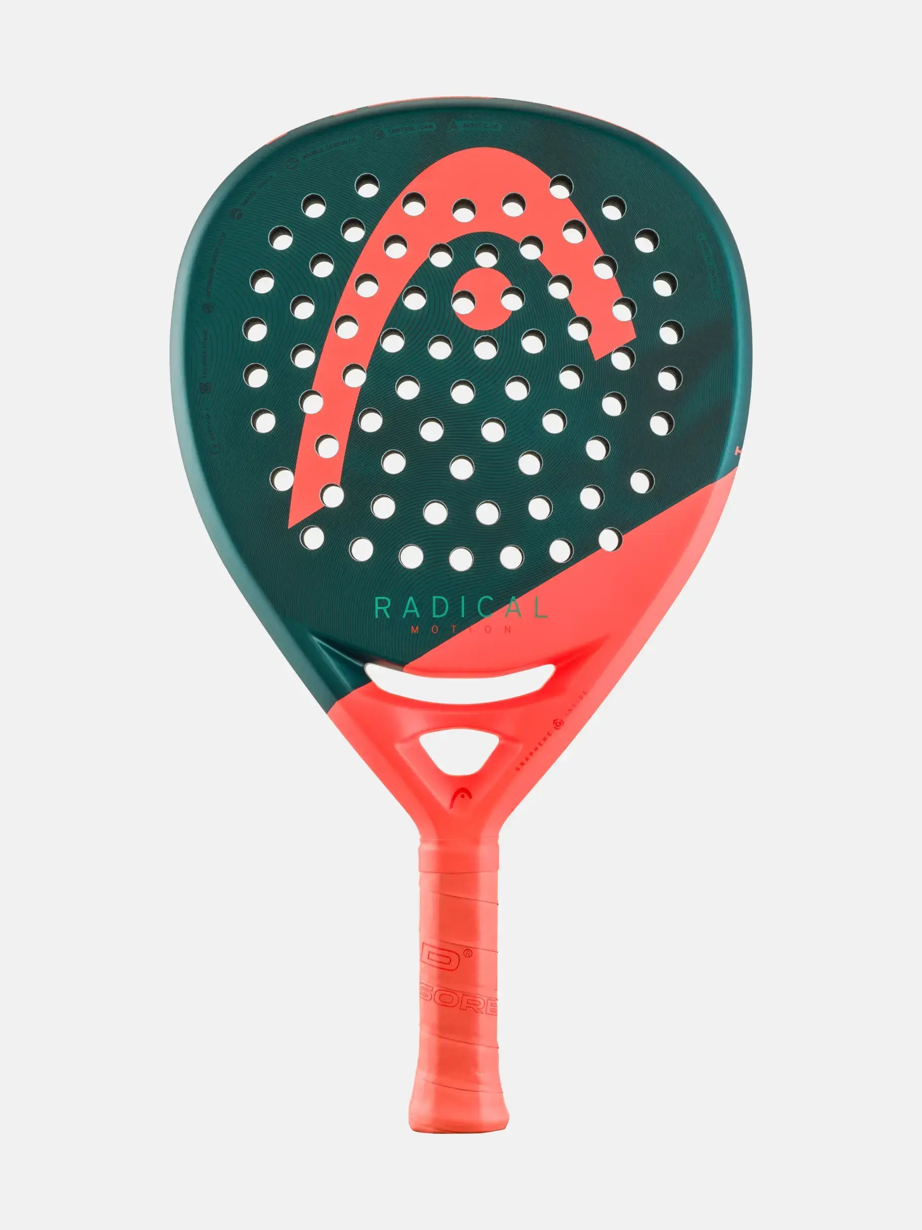 HEAD Radical Motion Padel Racquet showing a green and orange design and perforated surface for advanced players.