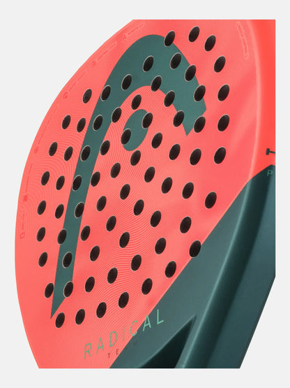 HEAD Radical Team Padel Racquet close-up showing its vibrant design and perforated hitting surface.