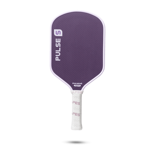PickleballApes Pulse S paddle with narrow-cell honeycomb poly core, poly aramid fiber surface, and leather grip in purple.
