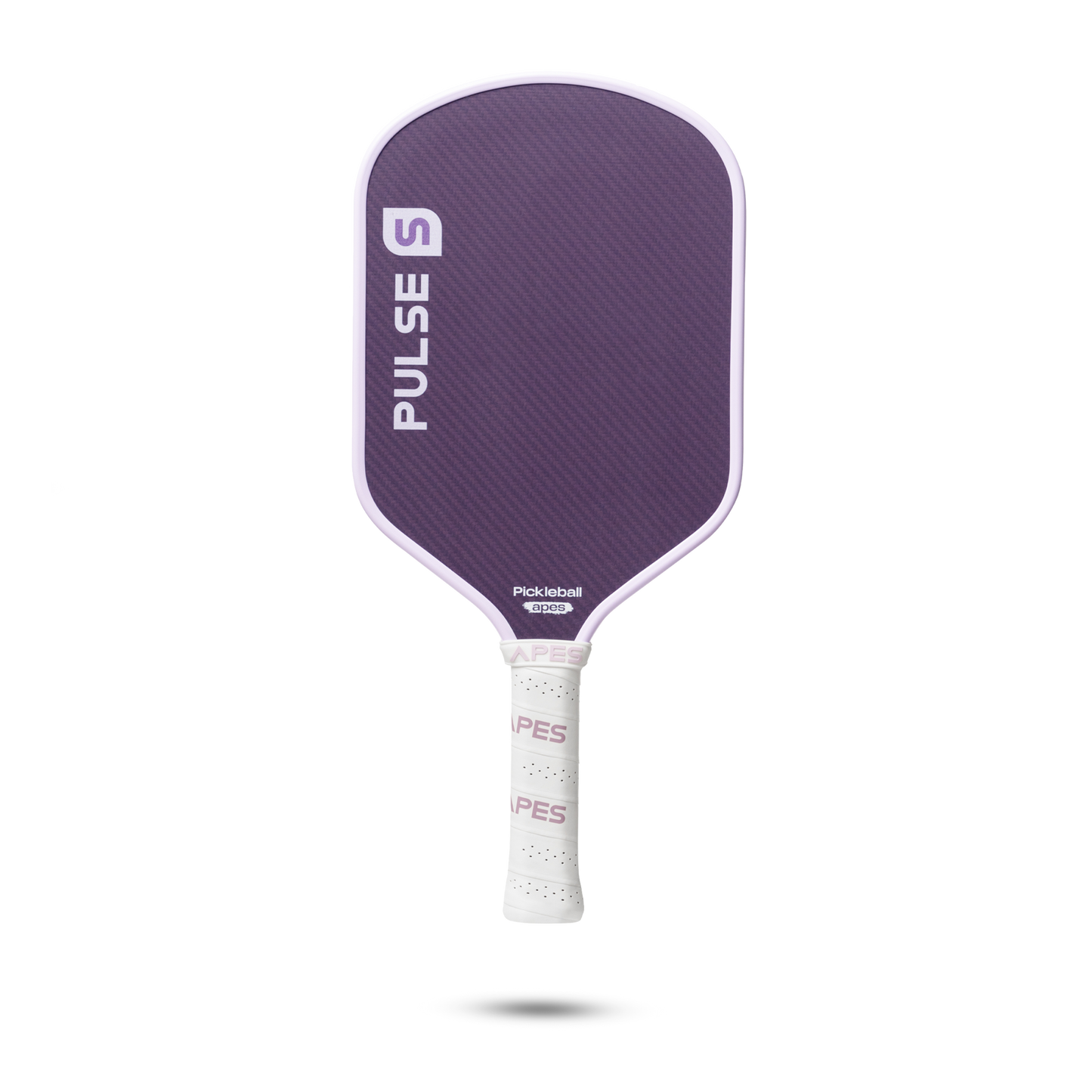 PickleballApes Pulse S paddle with narrow-cell honeycomb poly core, poly aramid fiber surface, and leather grip in purple.