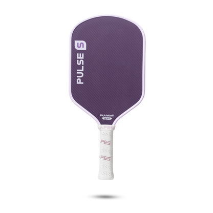 PickleballApes Pulse S paddle with narrow-cell honeycomb poly core, poly aramid fiber surface, and leather grip in purple.