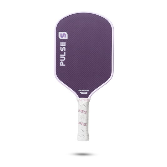 PickleballApes Pulse S paddle with narrow-cell honeycomb poly core, poly aramid fiber surface, and leather grip in purple.