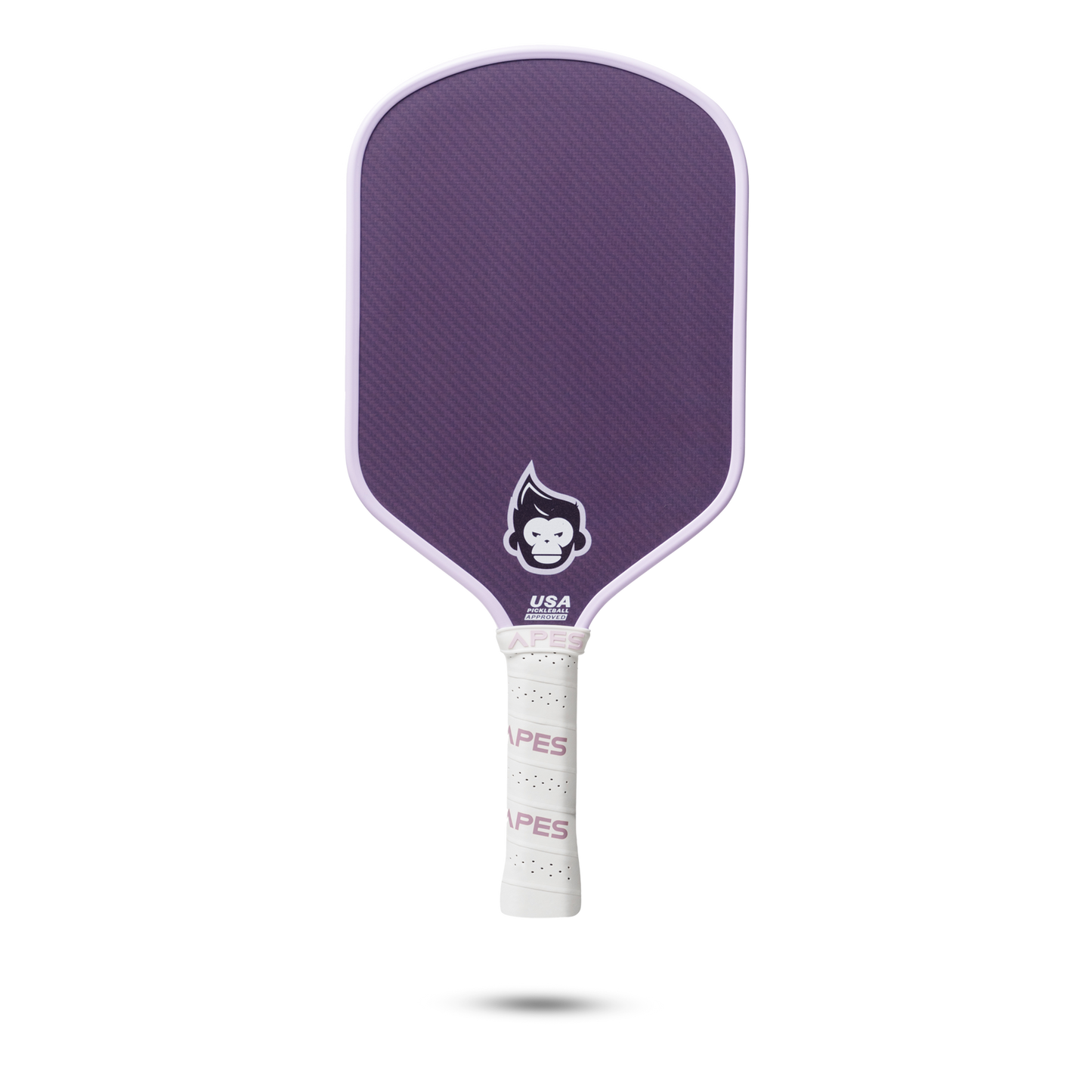 PickleballApes Pulse S paddle in purple with leather grip and honeycomb poly core, featuring a PickleballApes logo design.