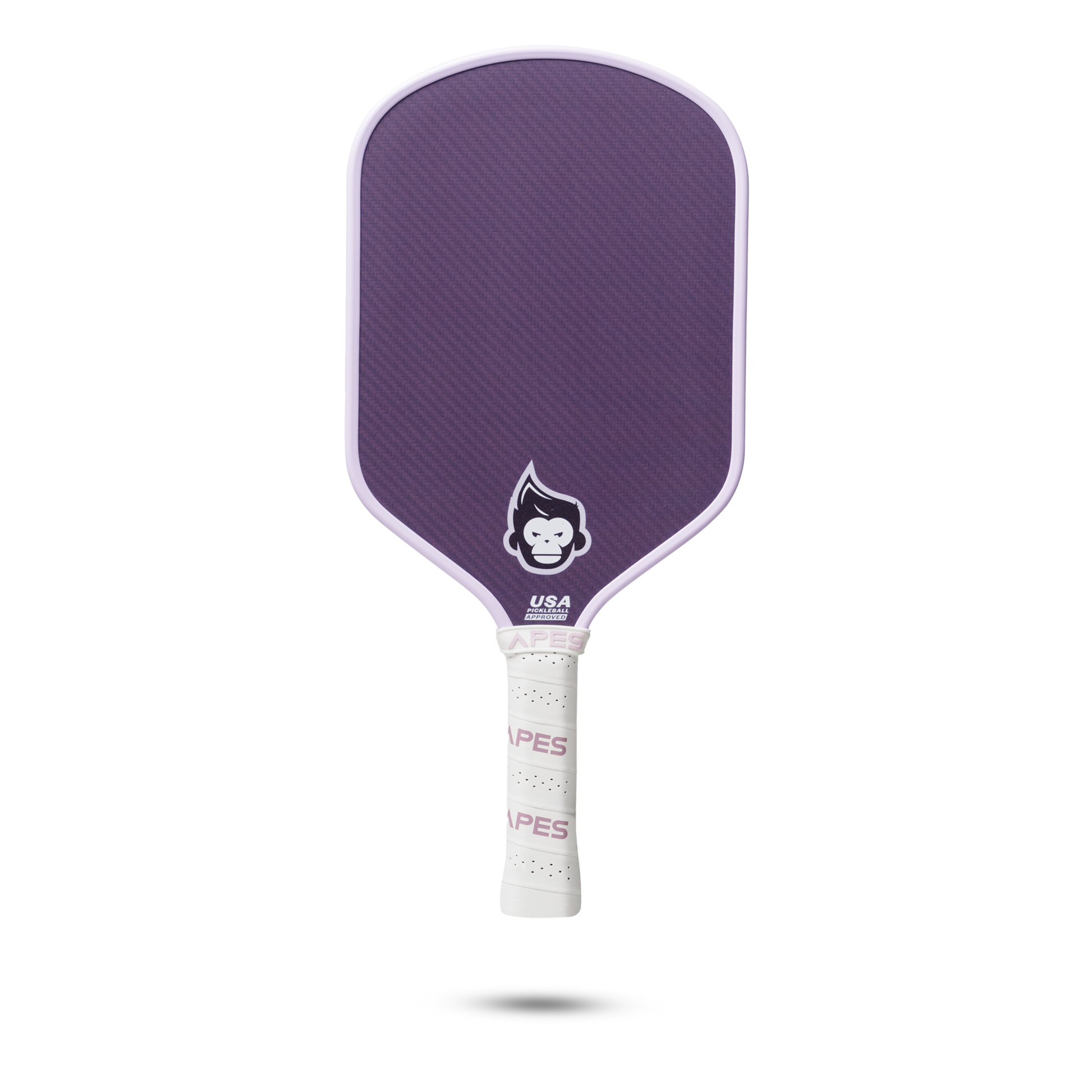 PickleballApes Pulse S paddle in purple with leather grip and honeycomb poly core, featuring a PickleballApes logo design.