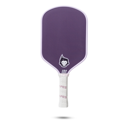 PickleballApes Pulse S paddle in purple with leather grip and honeycomb poly core, featuring a PickleballApes logo design.