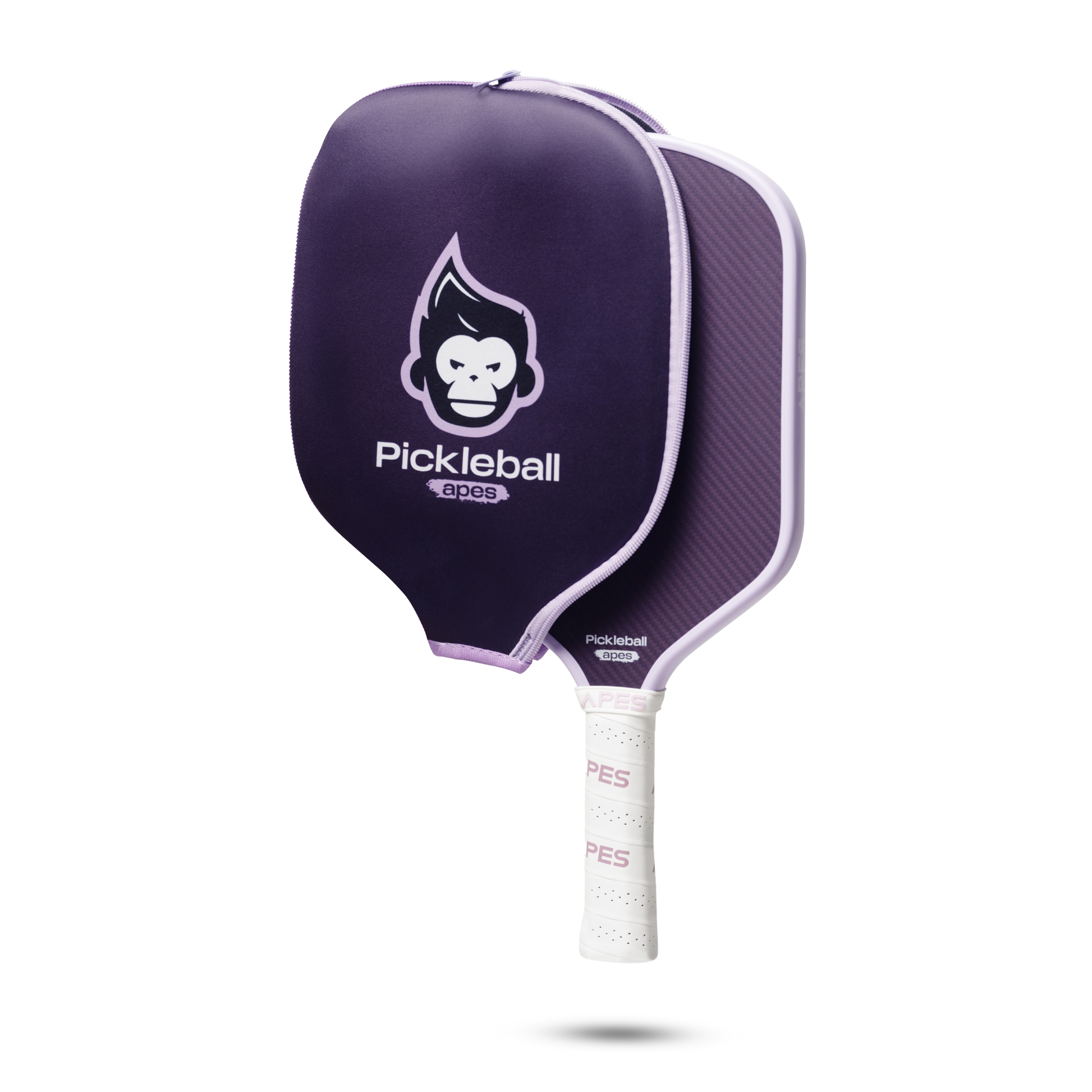 PickleballApes Pulse S paddle with purple design and leather grip, featuring narrow-cell honeycomb poly core and protective cover.