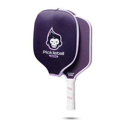 PickleballApes Pulse S paddle with purple design and leather grip, featuring narrow-cell honeycomb poly core and protective cover.