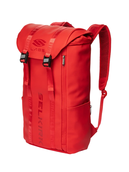 Selkirk LABS Prestige Pickleball Backpack in red, designed for organized gear storage for pickleball enthusiasts.