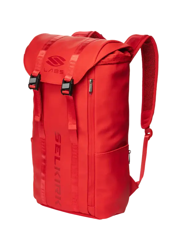 Selkirk LABS Prestige Pickleball Backpack in red, designed for pickleball players to carry gear effortlessly.