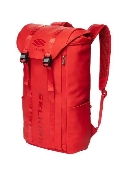 Selkirk LABS Prestige Pickleball Backpack in red, designed for pickleball players to carry gear effortlessly.