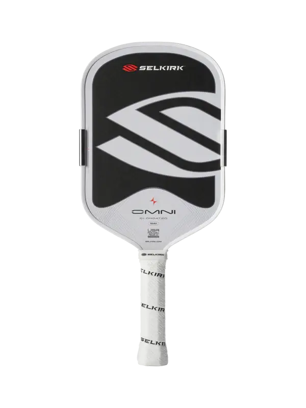 Selkirk OMNI Pickleball Paddle (Elongated) featuring a sleek black and white design for optimal performance.