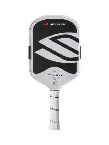 Selkirk OMNI Pickleball Paddle (Elongated) featuring a sleek black and white design for optimal performance.