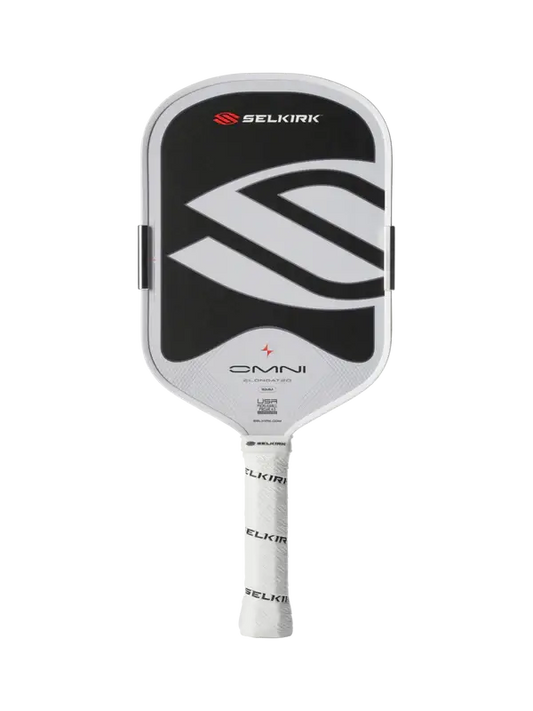 Selkirk OMNI Pickleball Paddle (Elongated) featuring a sleek black and white design for optimal performance.