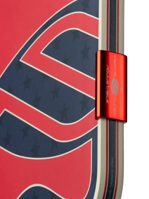 Selkirk OMNI Pickleball Paddle 1776 (Wide Body) close-up showing adjustable grip and patriotic design.