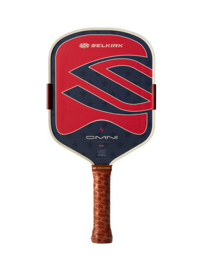 Selkirk OMNI Pickleball Paddle 1776 (Wide Body) with red and blue design, featuring star accents and a textured handle.