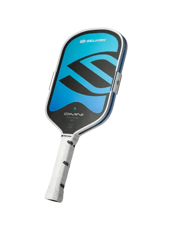 Selkirk OMNI Pickleball Paddle (Elongated) in blue and black design showcasing its sleek shape and grip.