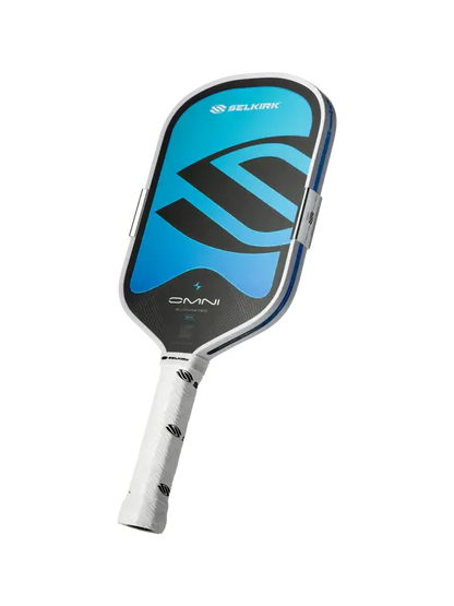 Selkirk OMNI Pickleball Paddle (Elongated) in blue and black design showcasing its sleek shape and grip.