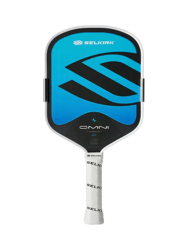 Selkirk OMNI Pickleball Paddle (Wide Body) featuring a blue design and ergonomic grip.