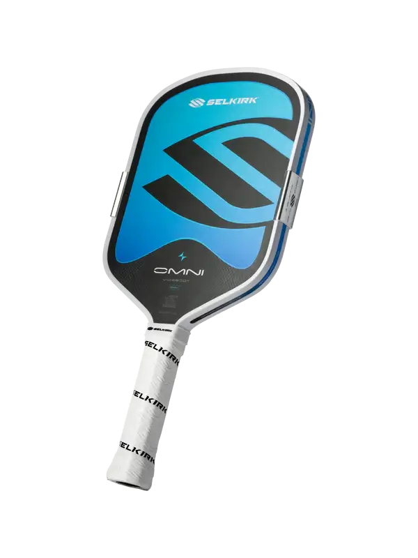 Selkirk OMNI Pickleball Paddle (Wide Body) displayed with a blue design and sleek handle.