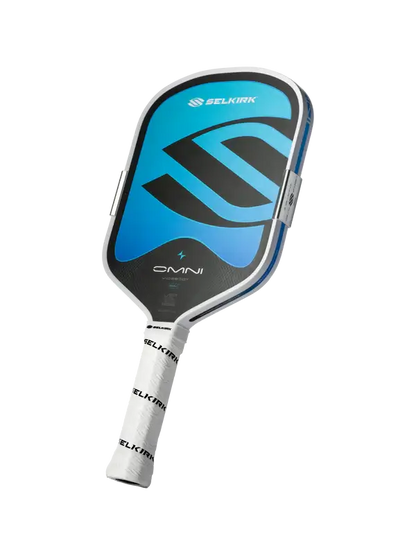 Selkirk OMNI Pickleball Paddle (Wide Body) displayed with a blue design and sleek handle.