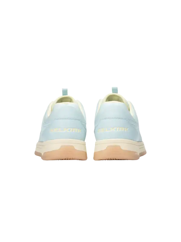 Selkirk Sport Legacy Pro Women's Pickleball Shoe with InfiniGrip back view featuring a light blue and yellow design.