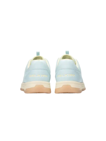 Selkirk Sport Legacy Pro Women's Pickleball Shoe with InfiniGrip back view featuring a light blue and yellow design.