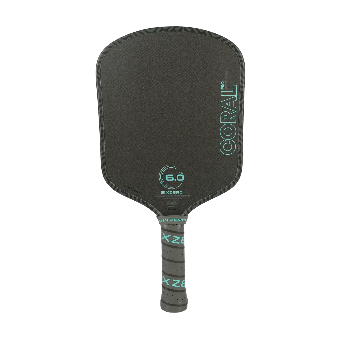 Six Zero Coral Pro 16mm paddle front view with double diamond tough surface and black design.