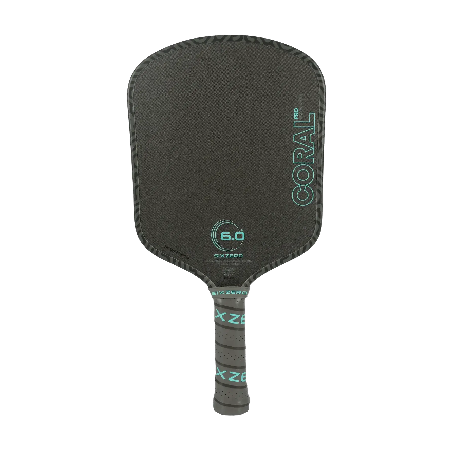 Six Zero Coral Pro 16mm paddle front view with double diamond tough surface and black design.