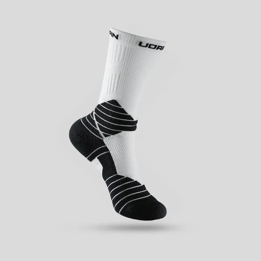 Udrippin CMFRTDrip Socks - White showcasing a lightweight, breathable design for optimal comfort during activities.