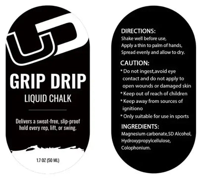 UDRIPPIN Liquid Chalk label showcasing usage instructions, cautions, and ingredient list for gym performance.