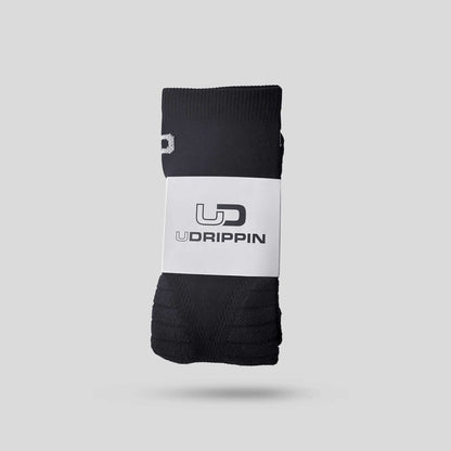 Udrippin MaxDRIP Cushion Socks showcase with packaging and branding in black color.