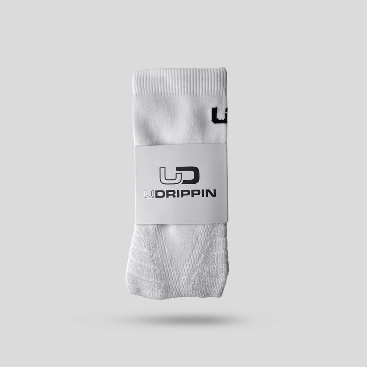 Udrippin MaxDRIP Cushion Socks in white packaging with breathable mesh ventilation.