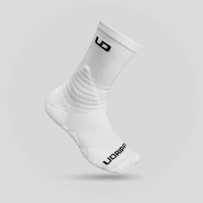 Udrippin MaxDRIP Cushion Socks displayed in white, featuring breathable mesh and cushioned support.