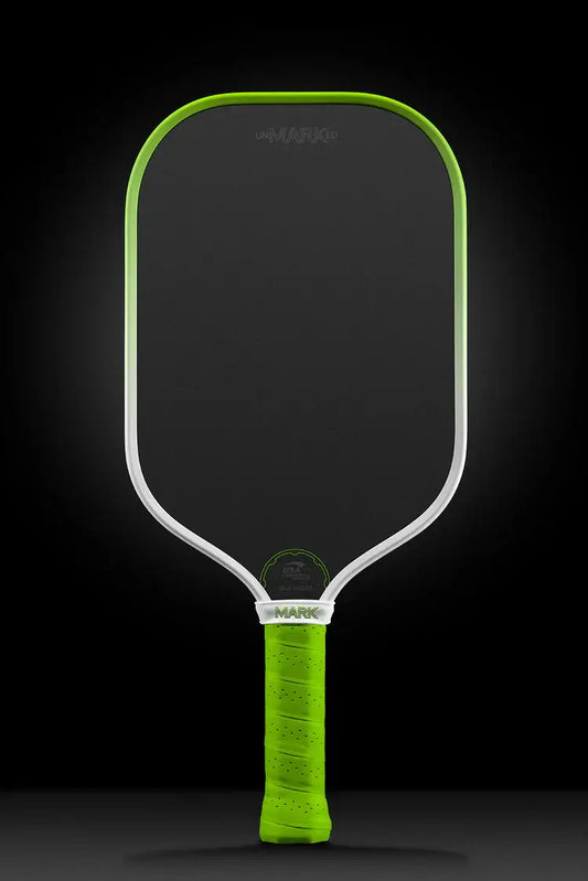 unMARKed Alpha Paddle by Mark Pickleball showcasing a sleek design with a vibrant green grip and black surface.
