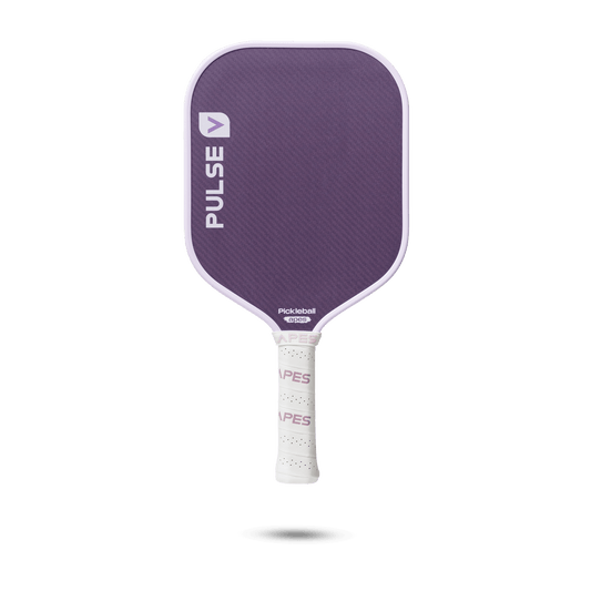 PickleballApes Pulse V paddle in purple with leather performance grip and poly aramid fiber surface. Ideal for advanced gameplay.