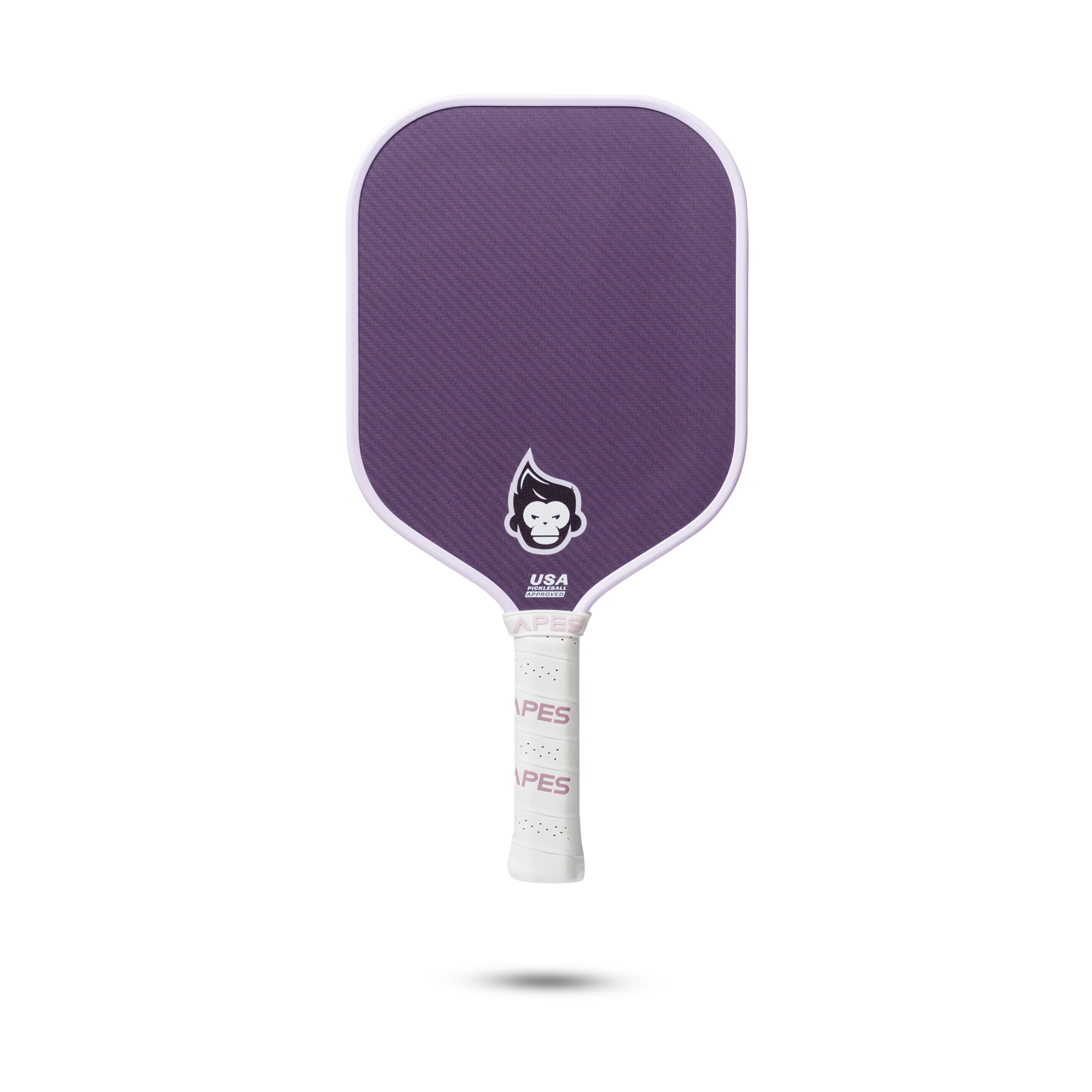 PickleballApes Pulse V paddle in purple with honeycomb core and leather grip, designed for optimal performance and durability.