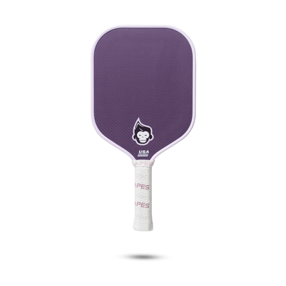 PickleballApes Pulse V paddle in purple with honeycomb core and leather grip, designed for optimal performance and durability.