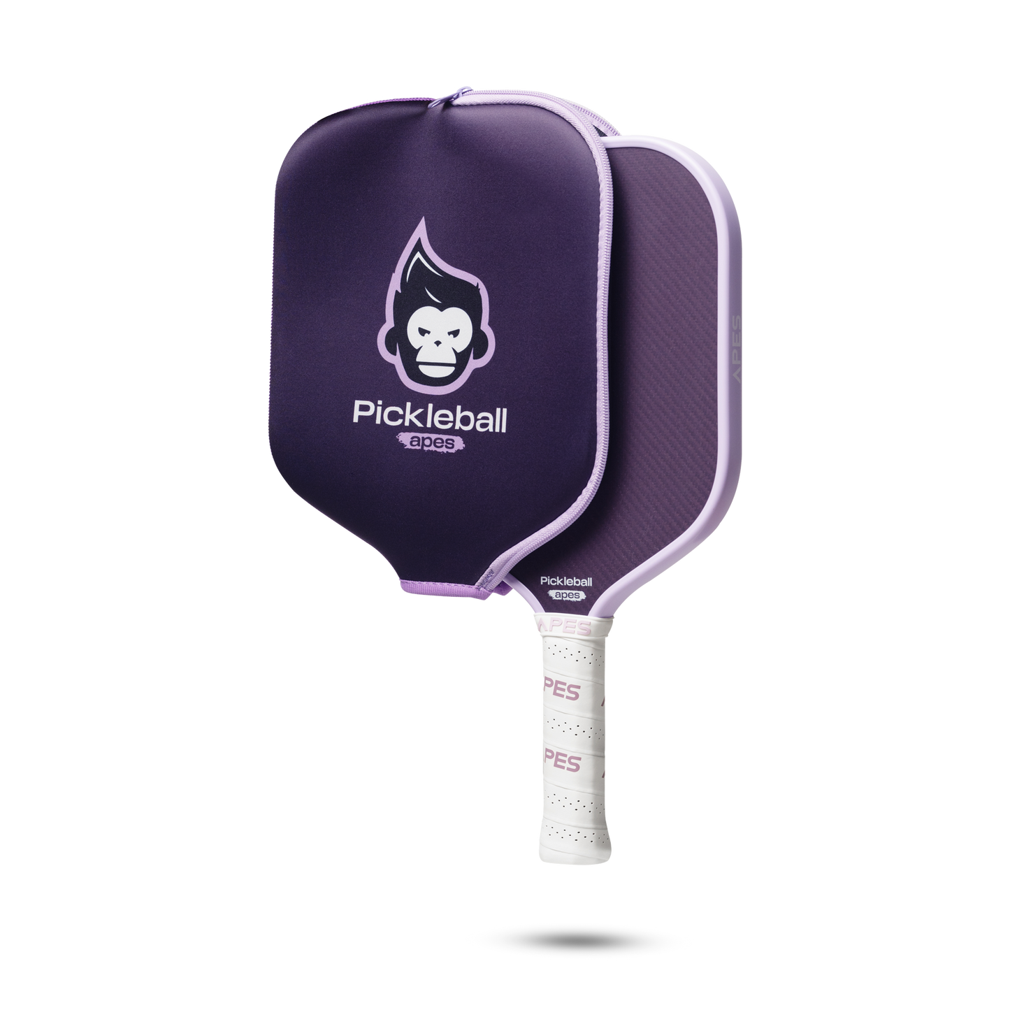 PickleballApes Pulse V paddle featuring a purple design with a monkey logo and leather grip, ideal for performance and play.