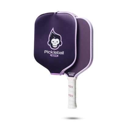 PickleballApes Pulse V paddle featuring a purple design with a monkey logo and leather grip, ideal for performance and play.