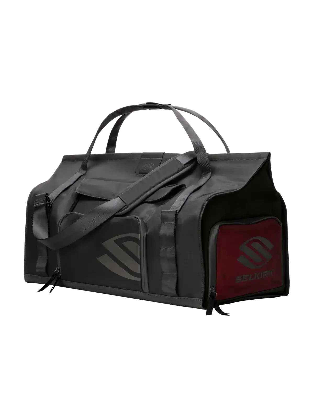Selkirk Pro Line 2.0 Pickleball Duffle (45L) in black with red accent for organized gear storage.
