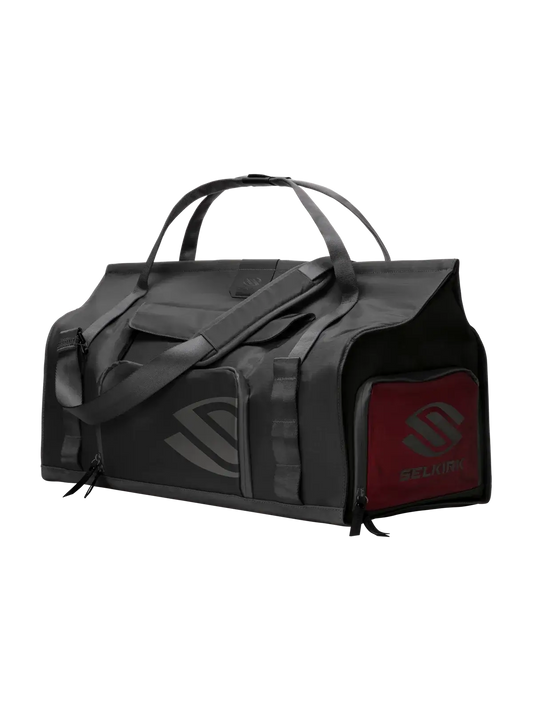 Selkirk Pro Line 2.0 Pickleball Duffle (45L) in black with red accent for organized gear storage.