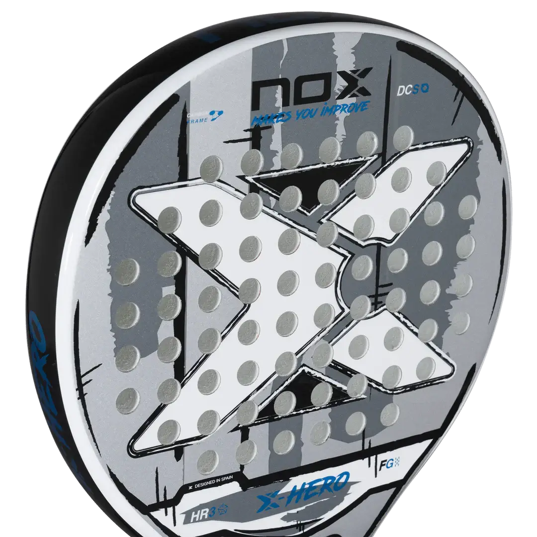 NOX X-HERO WHITE racket featuring HR3 rubber core for beginner and intermediate players.
